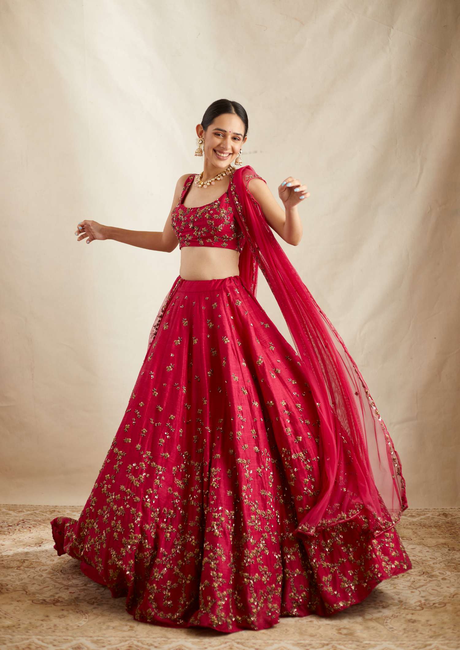 Indian Caramine Pink Embroidered Raw Silk Lehenga (3-Piece) - Image 7