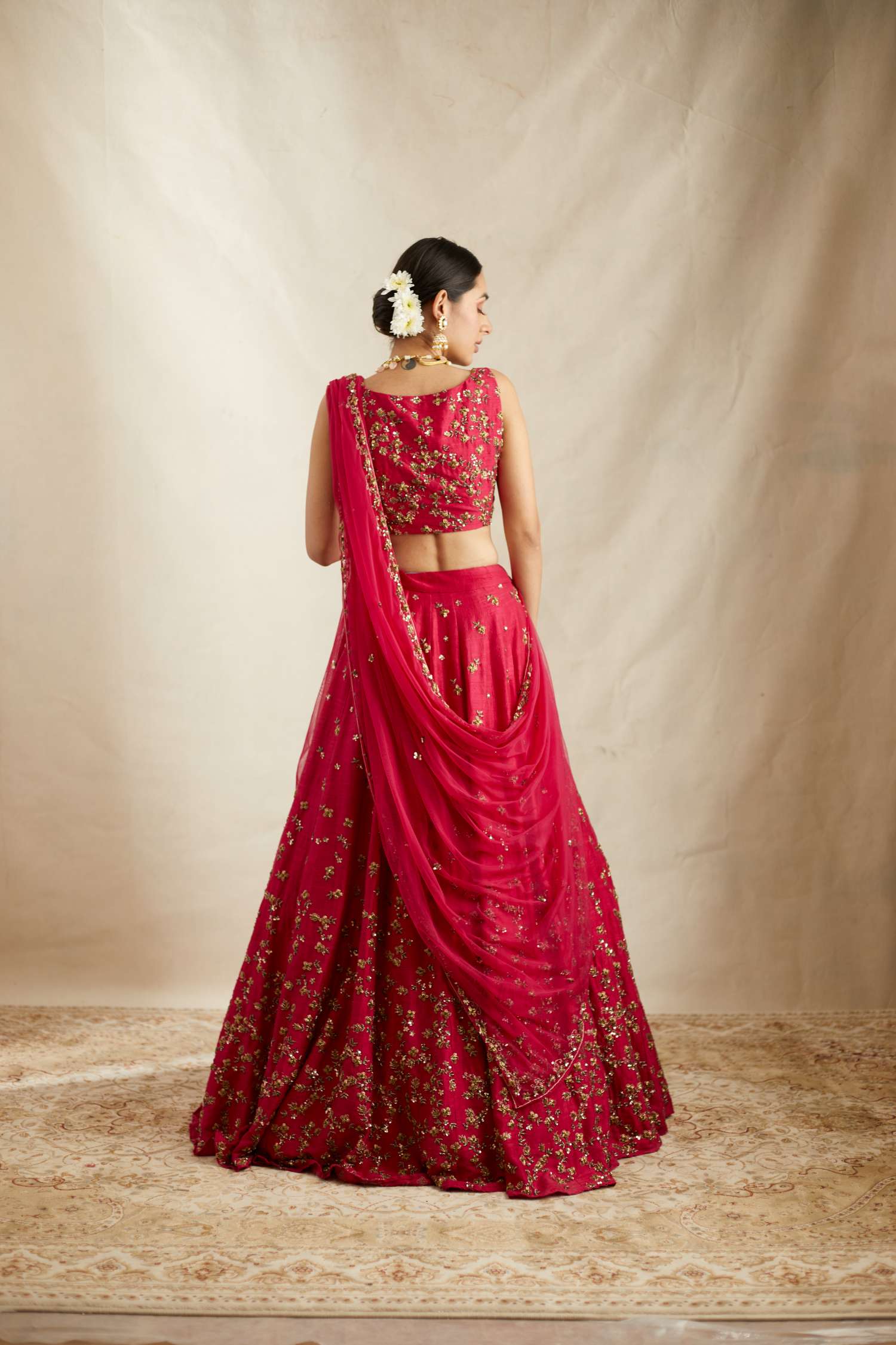 Indian Caramine Pink Embroidered Raw Silk Lehenga (3-Piece) - Image 8
