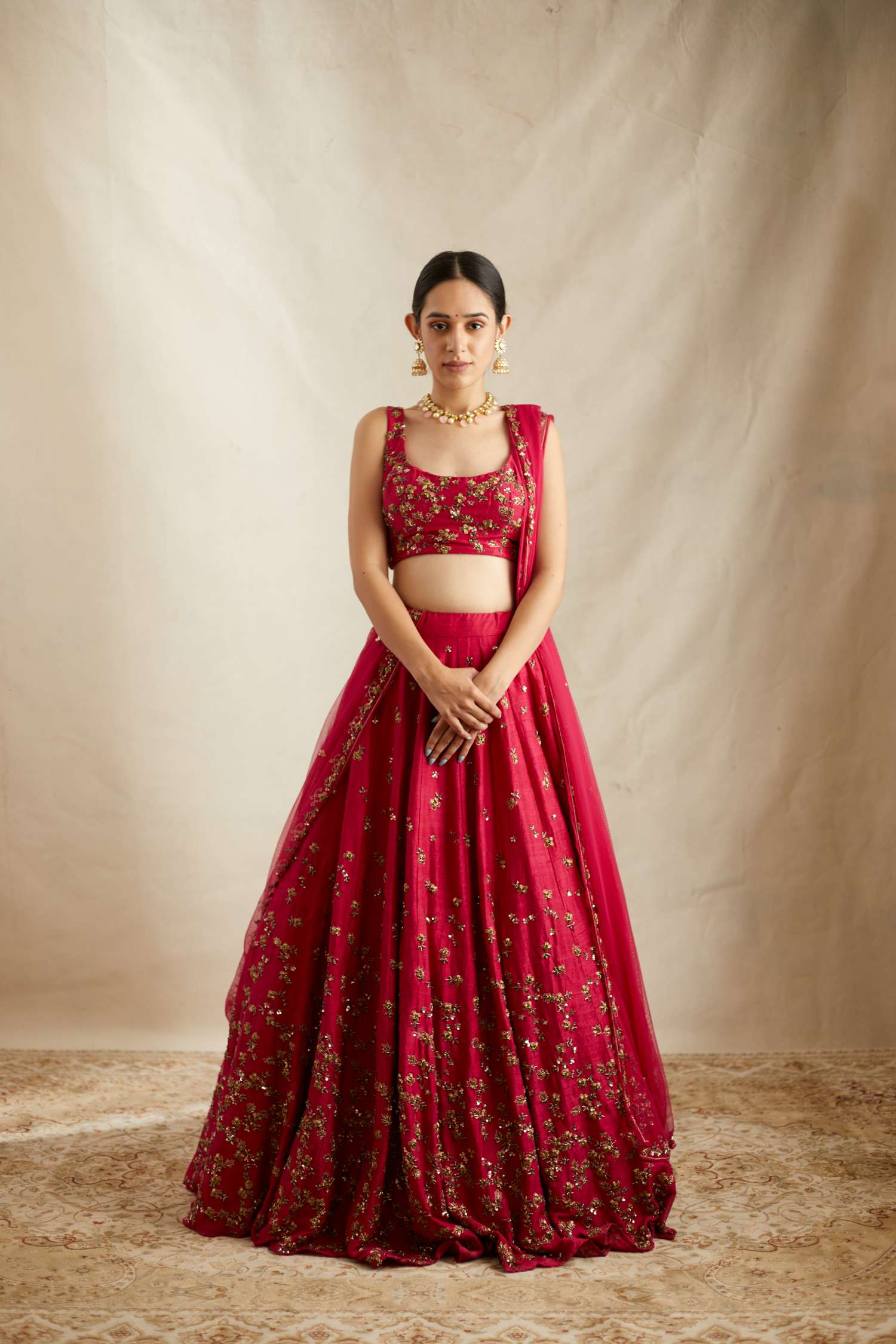 Indian Caramine Pink Embroidered Raw Silk Lehenga (3-Piece) - Image 9