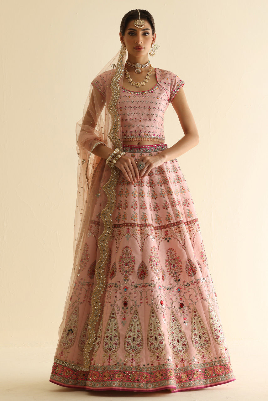 Pakistani Blush Pink Mirror & Crystal Raw Silk Lehnga Choli (3-Piece) - Image 1