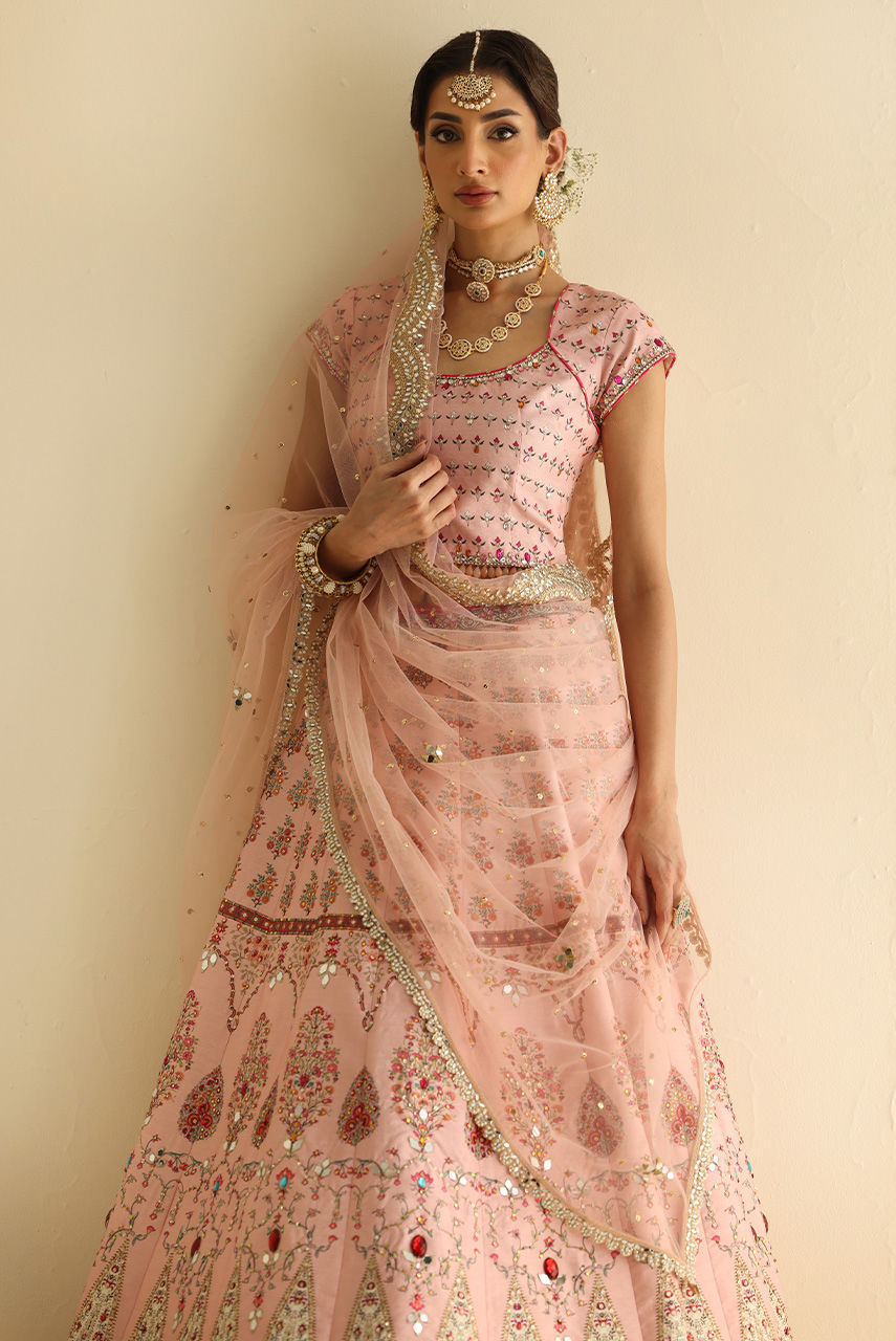 Pakistani Blush Pink Mirror & Crystal Raw Silk Lehnga Choli (3-Piece) - Image 2