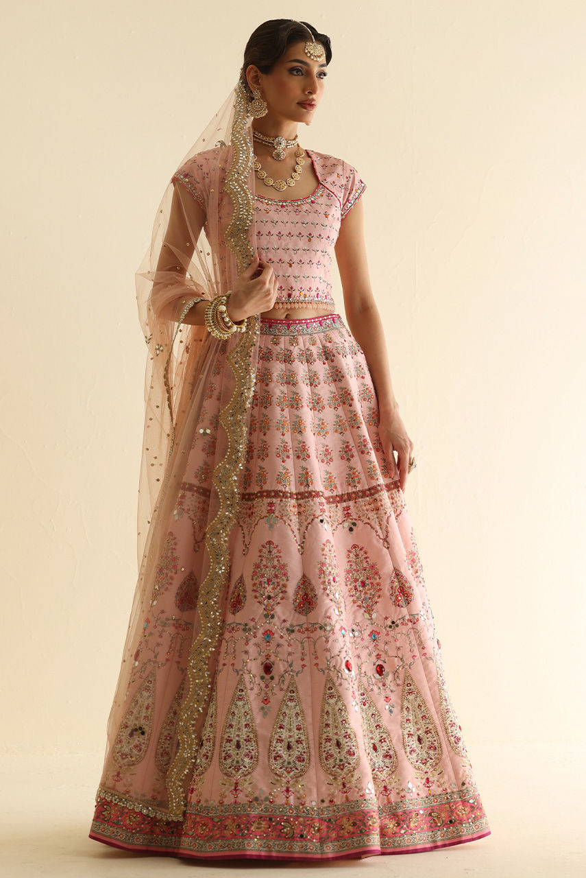Pakistani Blush Pink Mirror & Crystal Raw Silk Lehnga Choli (3-Piece) - Image 3