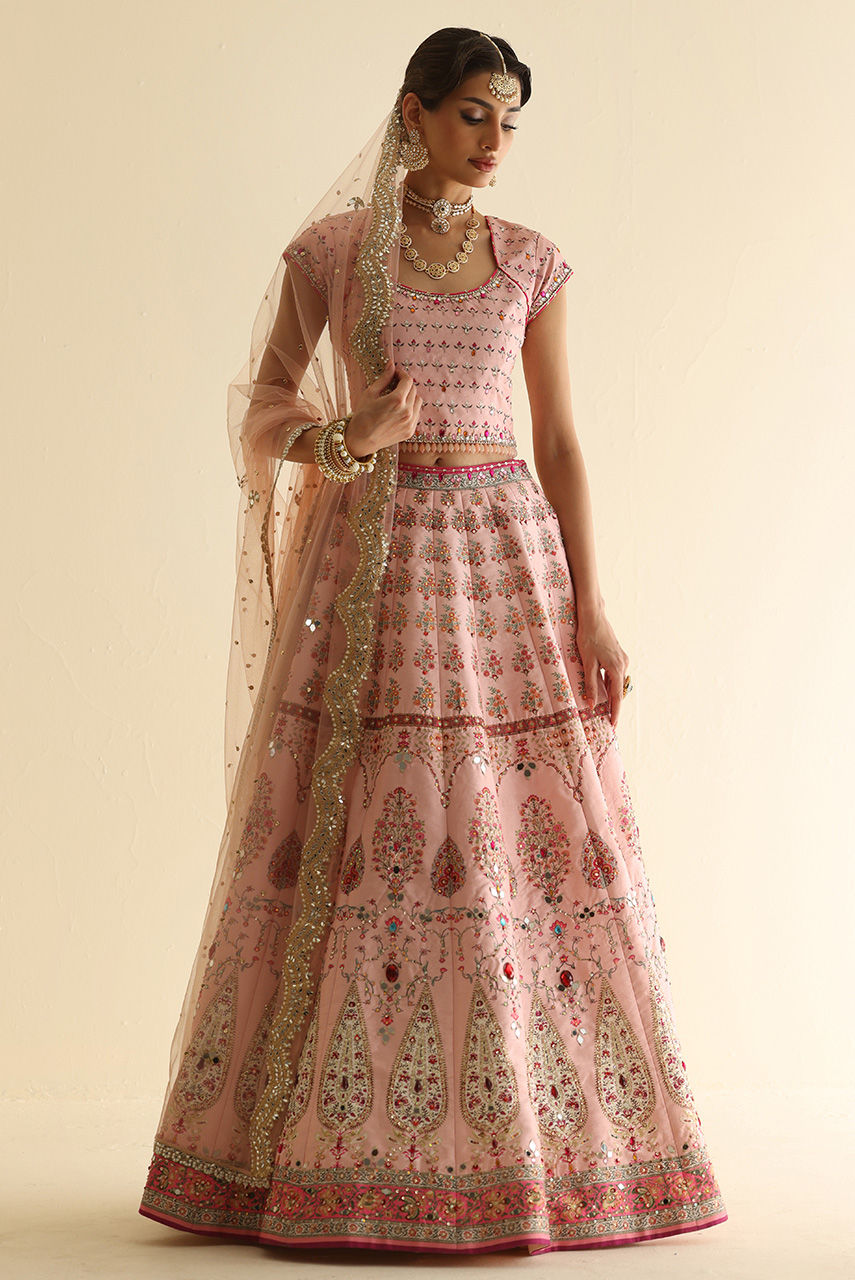 Pakistani Blush Pink Mirror & Crystal Raw Silk Lehnga Choli (3-Piece) - Image 4