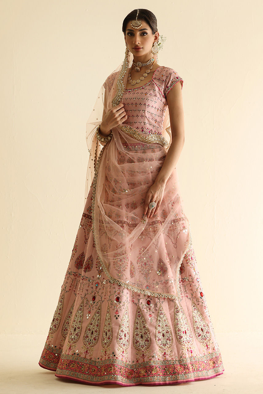 Pakistani Blush Pink Mirror & Crystal Raw Silk Lehnga Choli (3-Piece) - Image 5