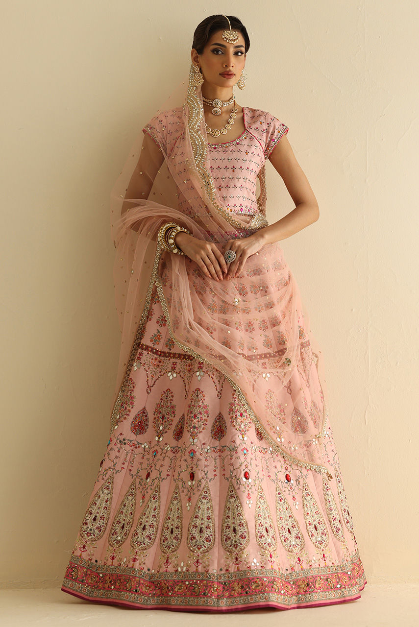 Pakistani Blush Pink Mirror & Crystal Raw Silk Lehnga Choli (3-Piece) - Image 6