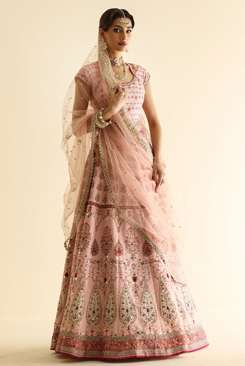Pakistani Blush Pink Mirror & Crystal Raw Silk Lehnga Choli (3-Piece) - Image 7