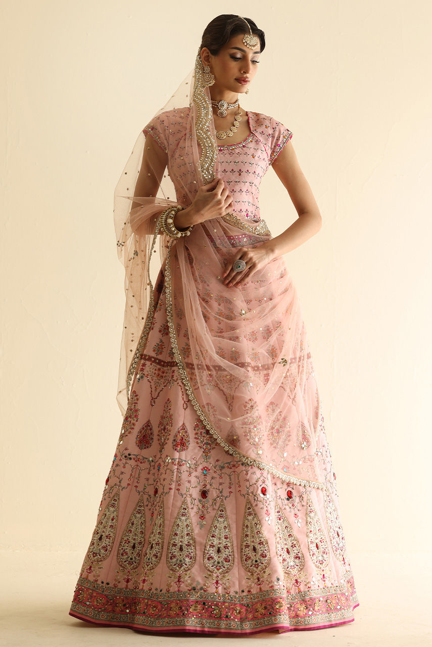 Pakistani Blush Pink Mirror & Crystal Raw Silk Lehnga Choli (3-Piece) - Image 8