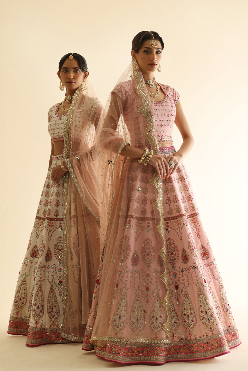 Pakistani Blush Pink Mirror & Crystal Raw Silk Lehnga Choli (3-Piece) - Image 9