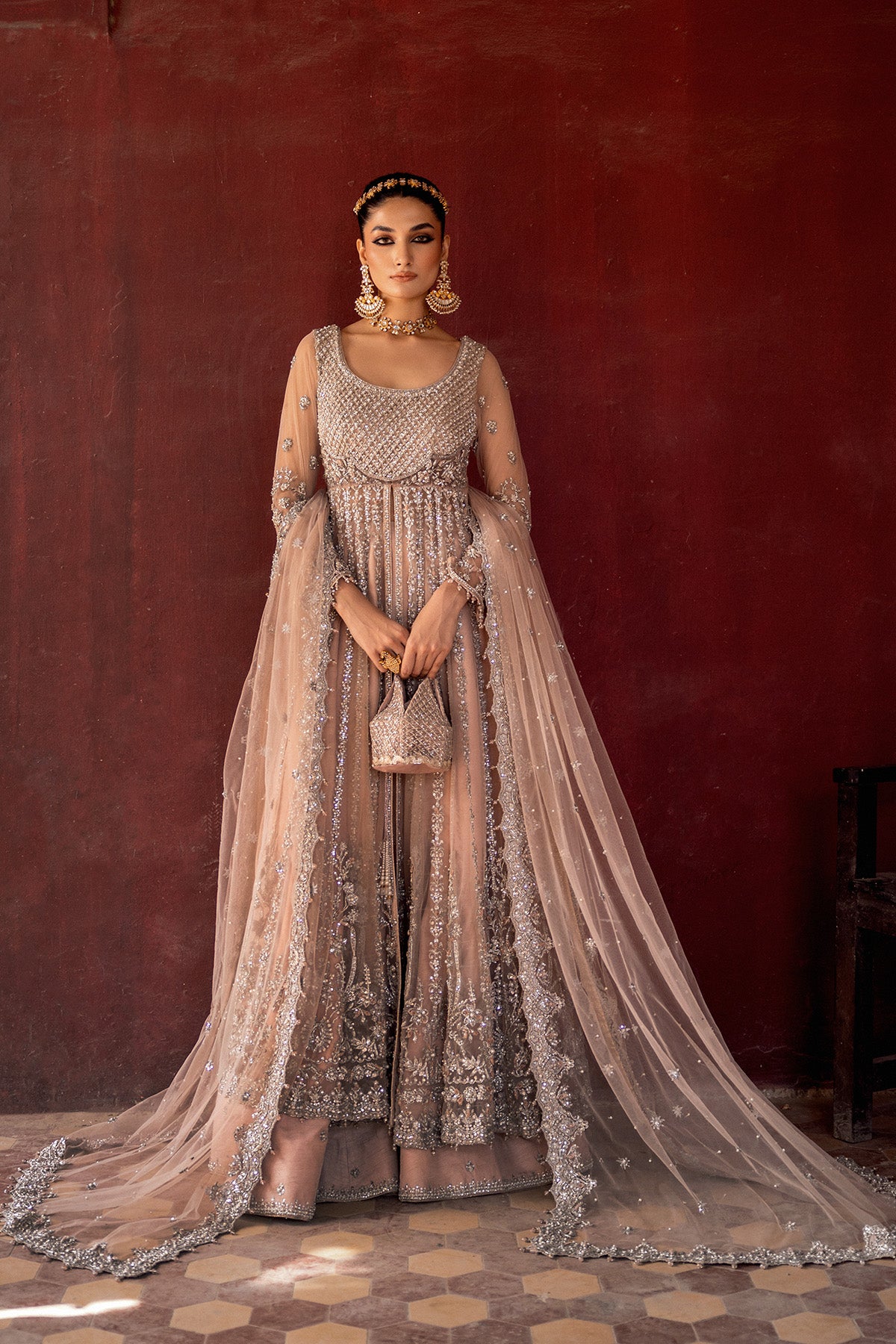 Pakistani Blush Pink Embroidered Net & Raw Silk Lehenga (3-Piece) - Image 1