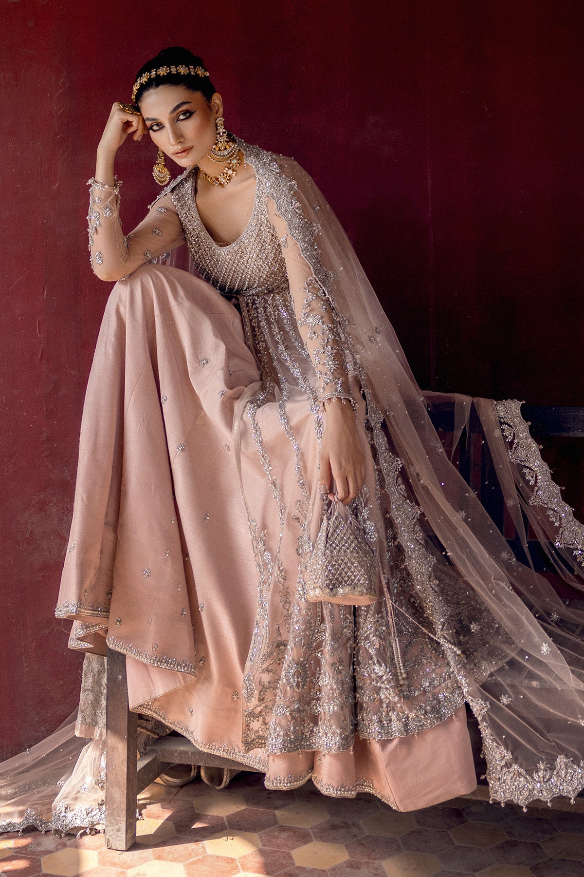 Pakistani Blush Pink Embroidered Net & Raw Silk Lehenga (3-Piece) - Image 2