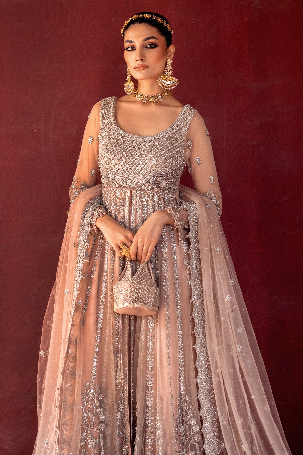 Pakistani Blush Pink Embroidered Net & Raw Silk Lehenga (3-Piece) - Image 4