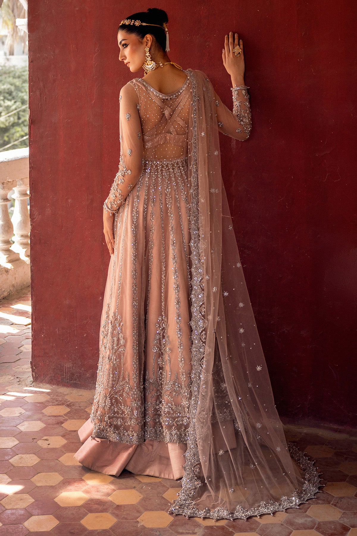 Pakistani Blush Pink Embroidered Net & Raw Silk Lehenga (3-Piece) - Image 5