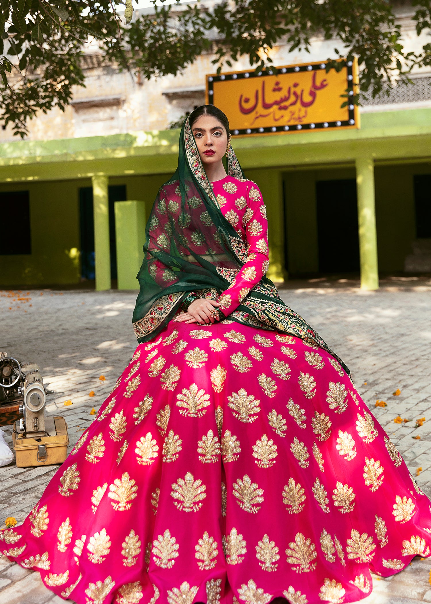 Pakistani Wild Berry Pink Embellished Raw Silk Lehenga Choli (3-Piece) - Image 3