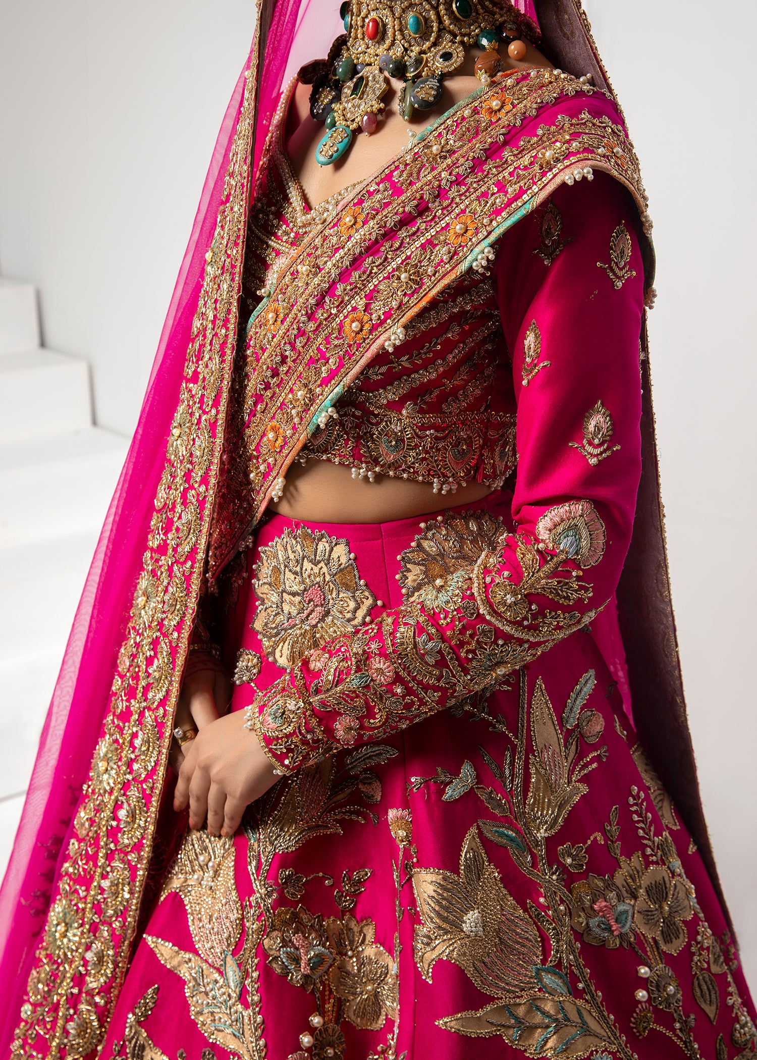 Hot Pink Embroidered Raw Silk Lehenga Choli (3-Piece) - Image 4