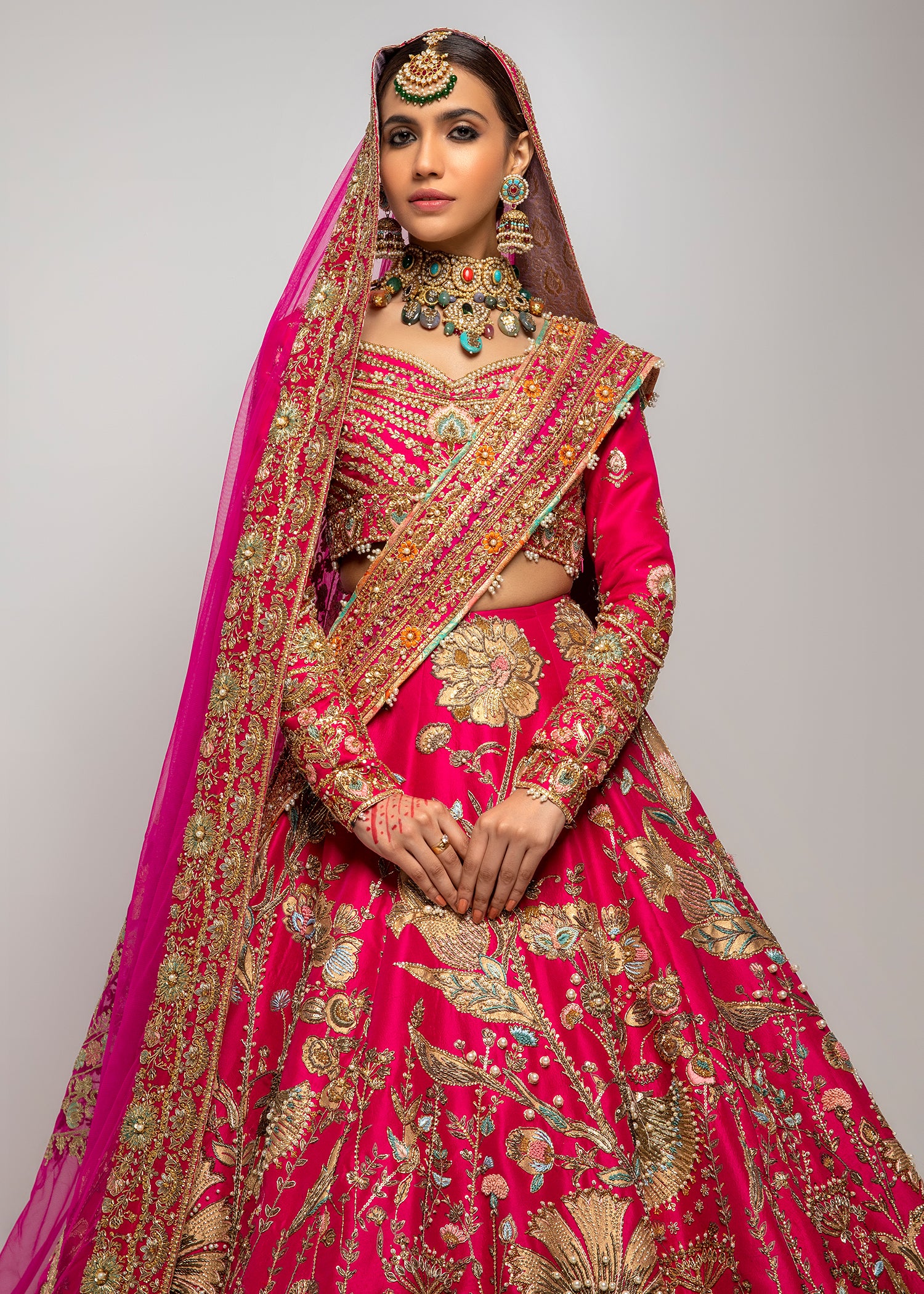 Hot Pink Embroidered Raw Silk Lehenga Choli (3-Piece) - Image 5