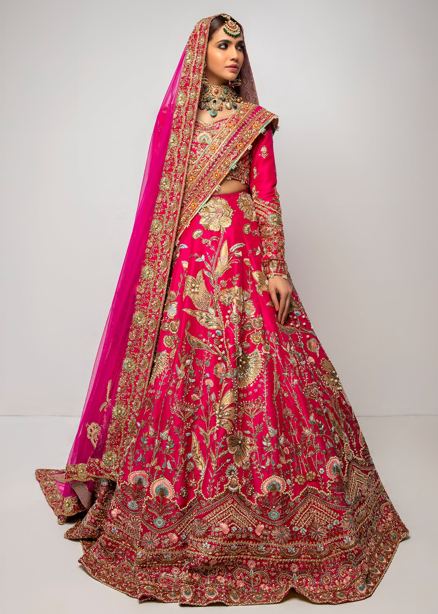 Pakistani Hot Pink Embroidered Pure Raw Silk Lehenga Choli (3-Piece) - Image 1