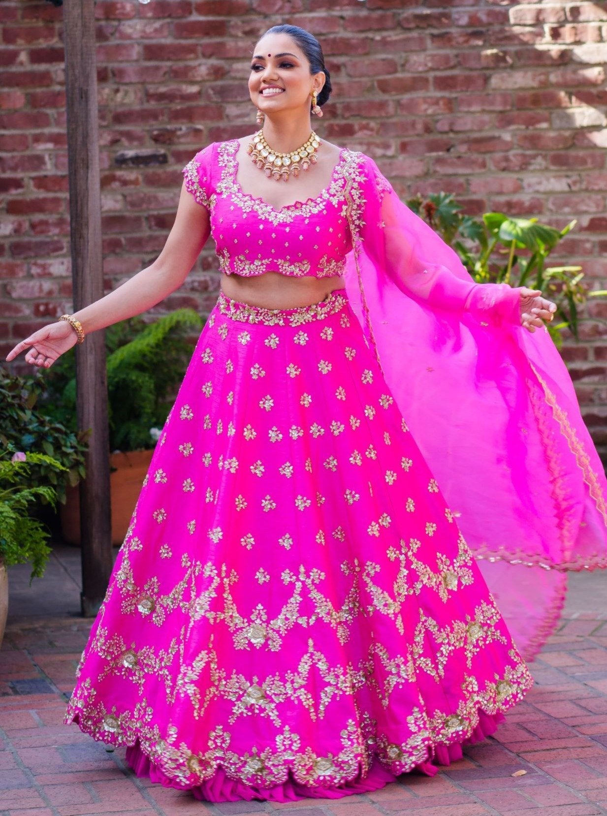 Hot Pink Embroidered Raw Silk Lehenga Choli (3-Piece) - Image 1