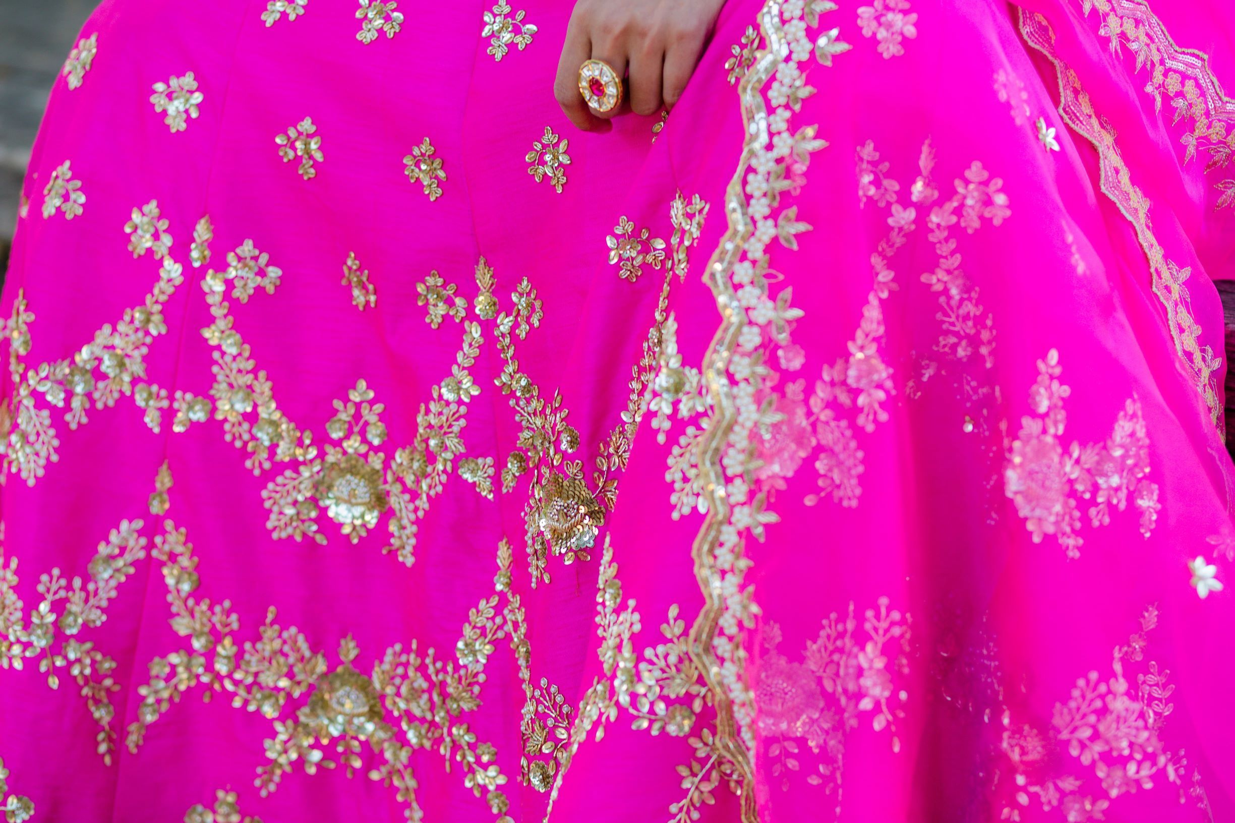 Hot Pink Embroidered Raw Silk Lehenga Choli (3-Piece) - Image 11