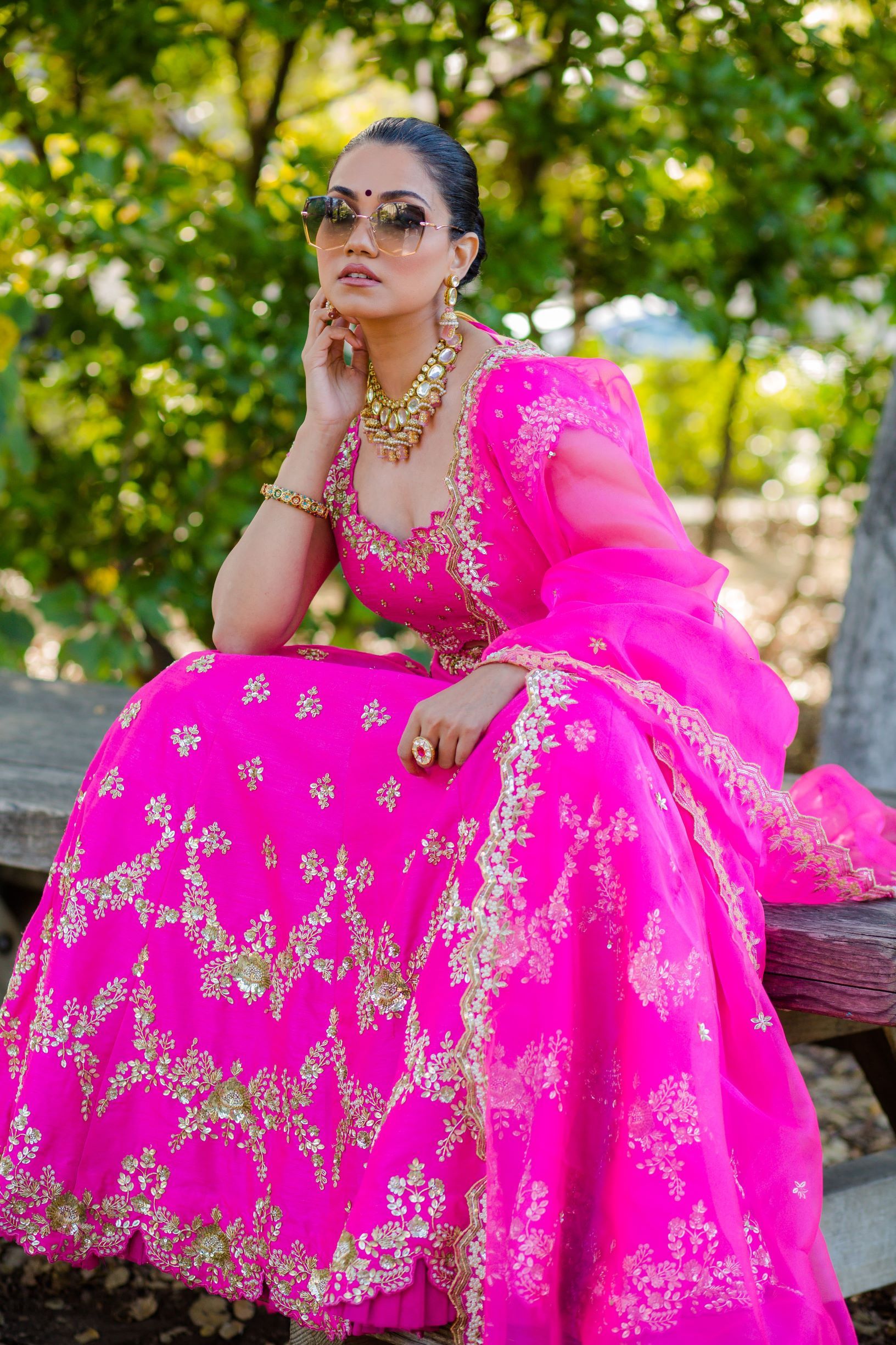 Hot Pink Embroidered Raw Silk Lehenga Choli (3-Piece) - Image 2