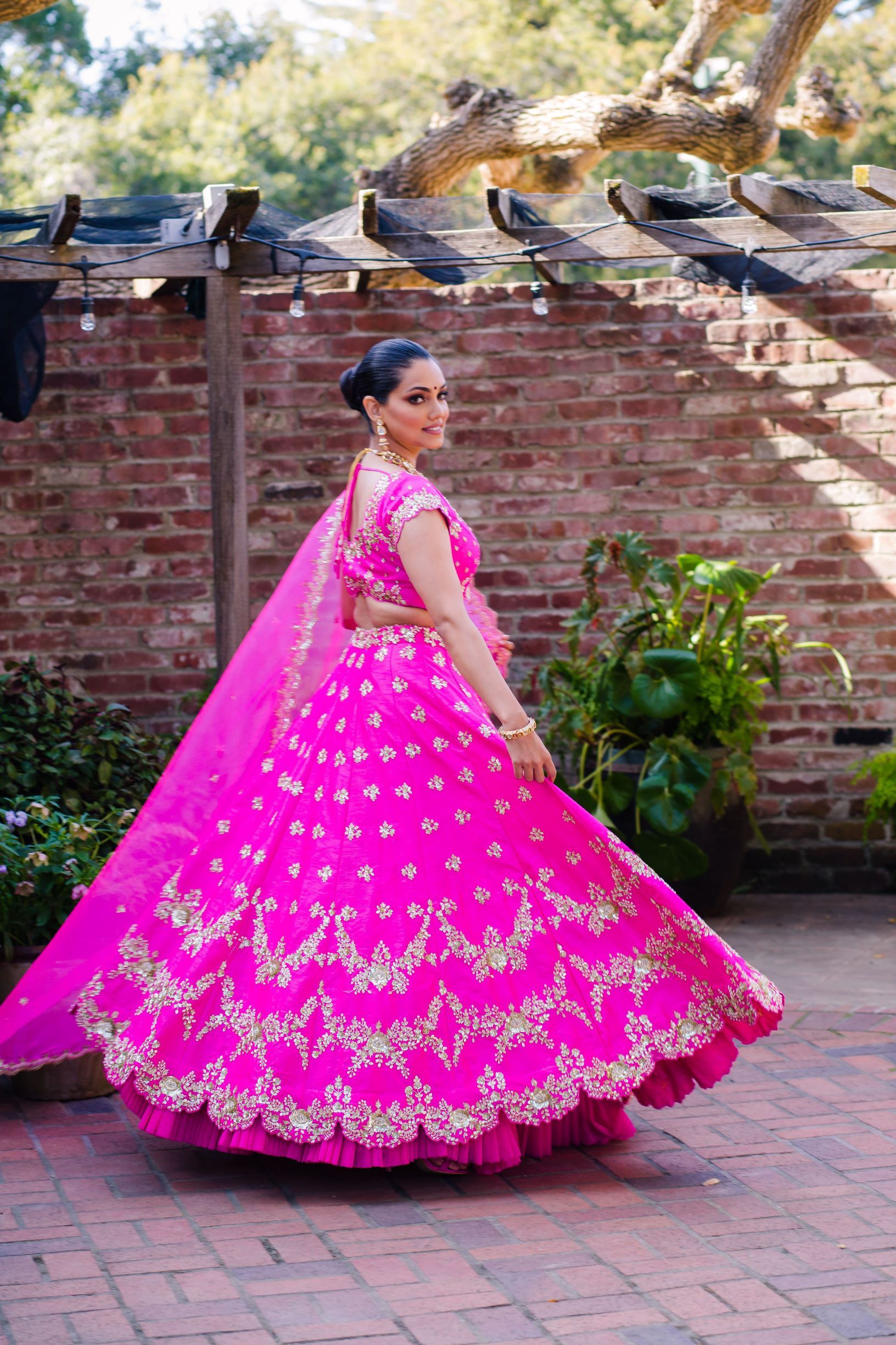 Hot Pink Embroidered Raw Silk Lehenga Choli (3-Piece) - Image 3