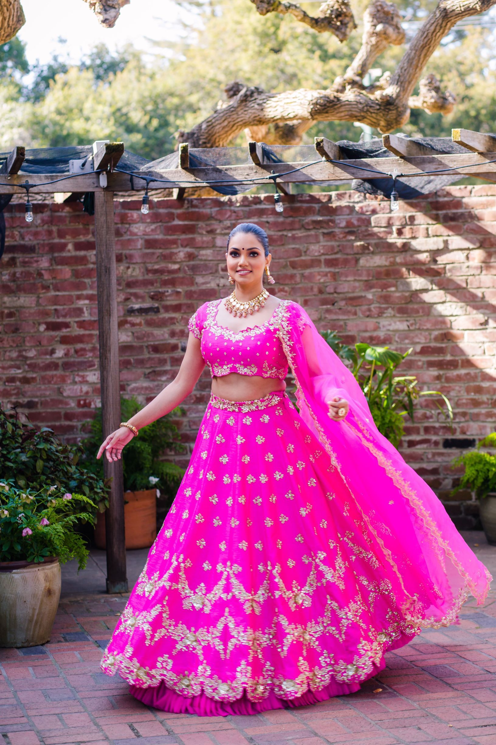 Hot Pink Embroidered Raw Silk Lehenga Choli (3-Piece) - Image 4