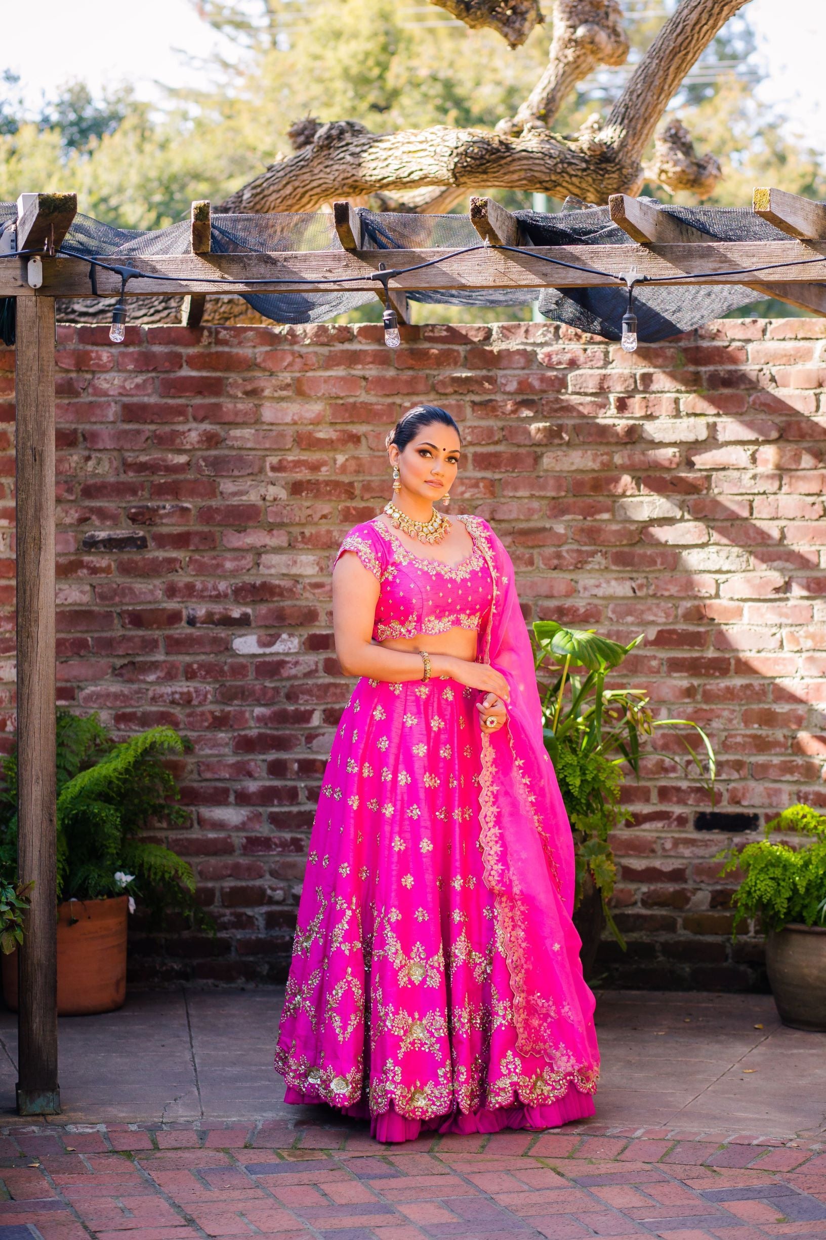 Hot Pink Embroidered Raw Silk Lehenga Choli (3-Piece) - Image 5