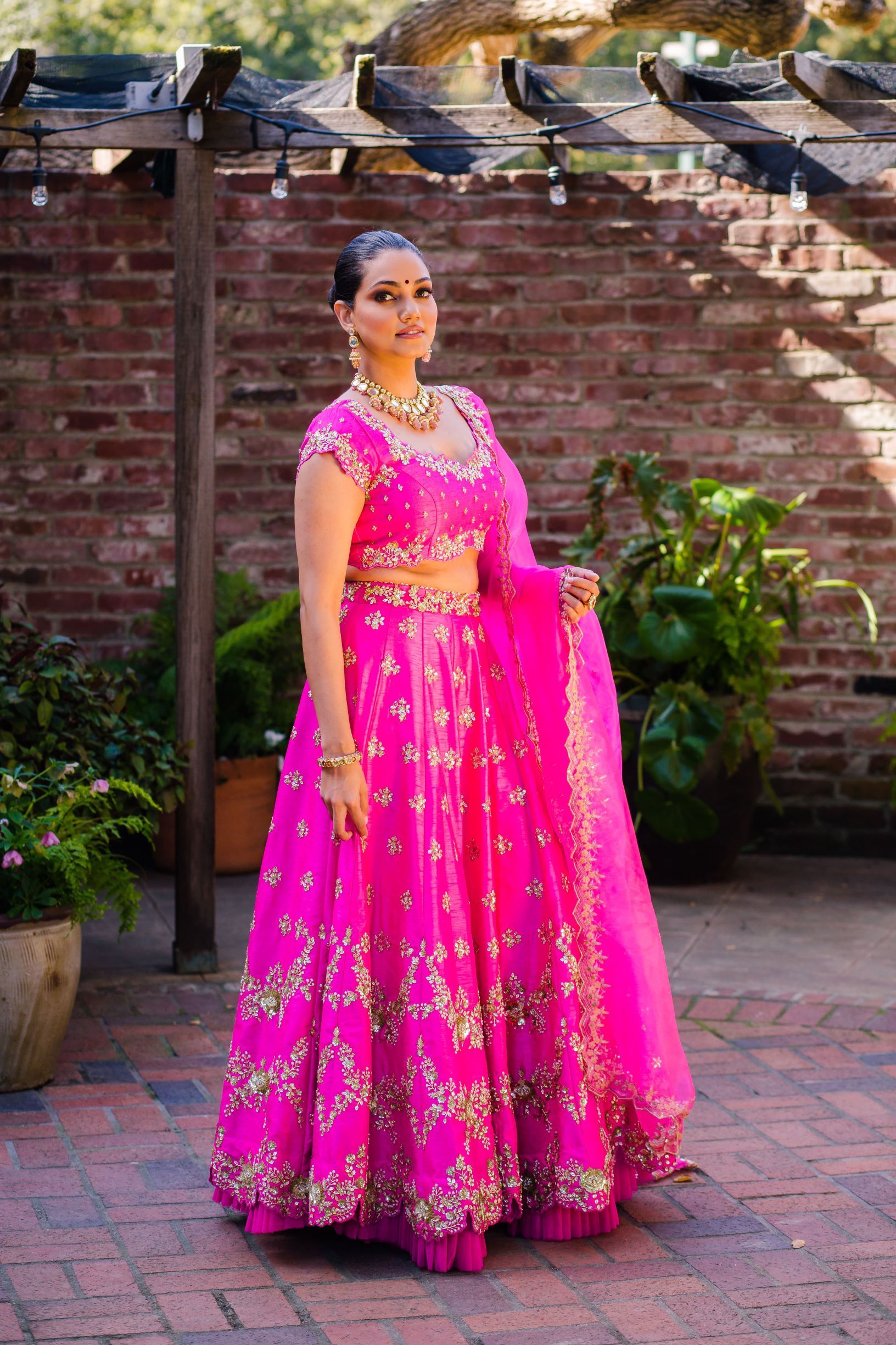 Hot Pink Embroidered Raw Silk Lehenga Choli (3-Piece) - Image 6