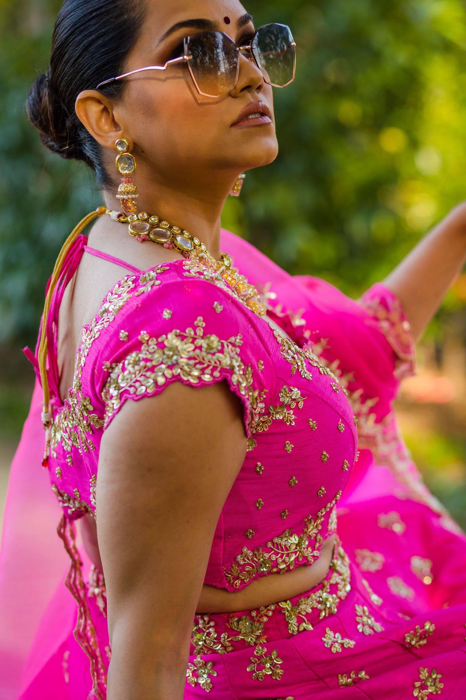 Hot Pink Embroidered Raw Silk Lehenga Choli (3-Piece) - Image 7