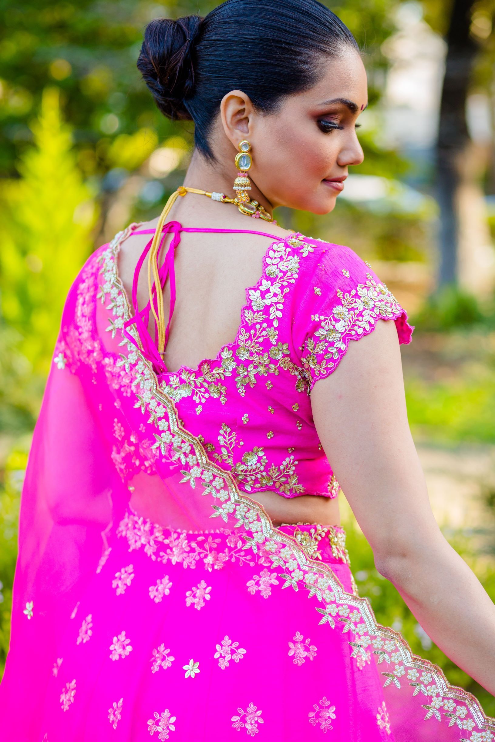 Hot Pink Embroidered Raw Silk Lehenga Choli (3-Piece) - Image 8