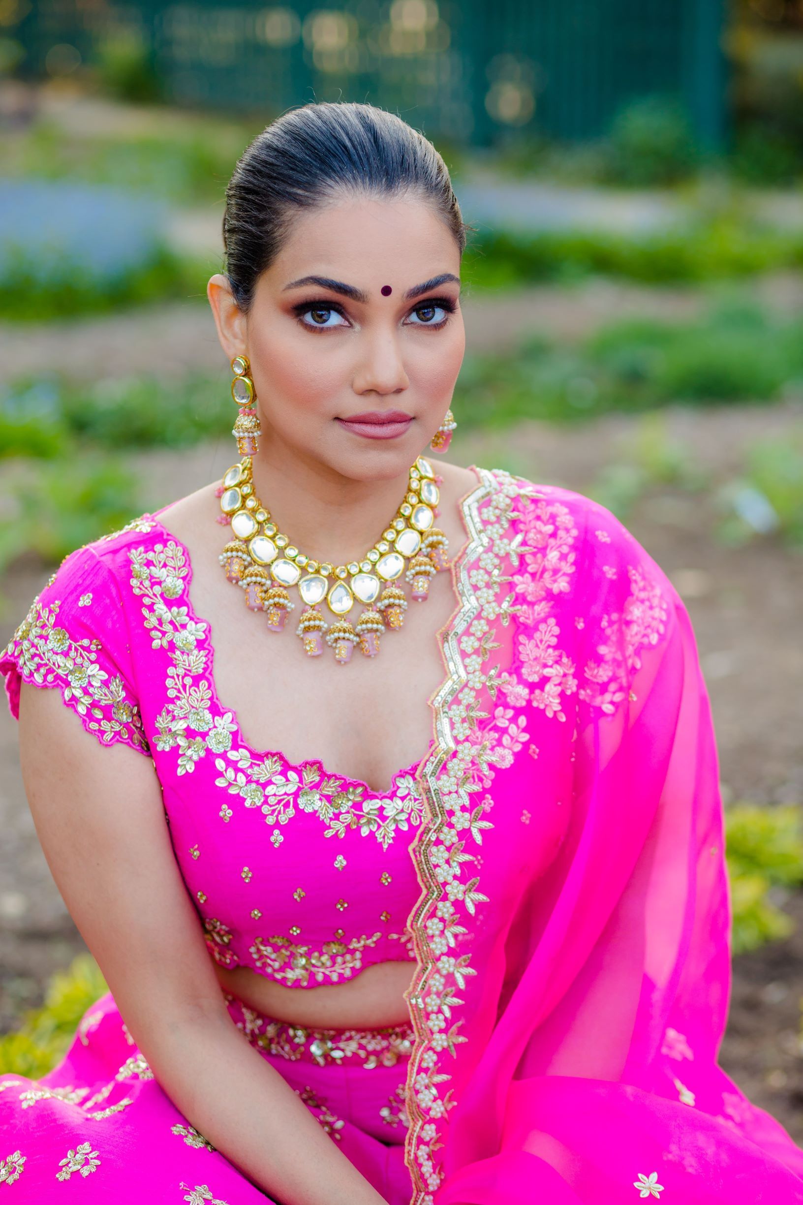 Hot Pink Embroidered Raw Silk Lehenga Choli (3-Piece) - Image 9