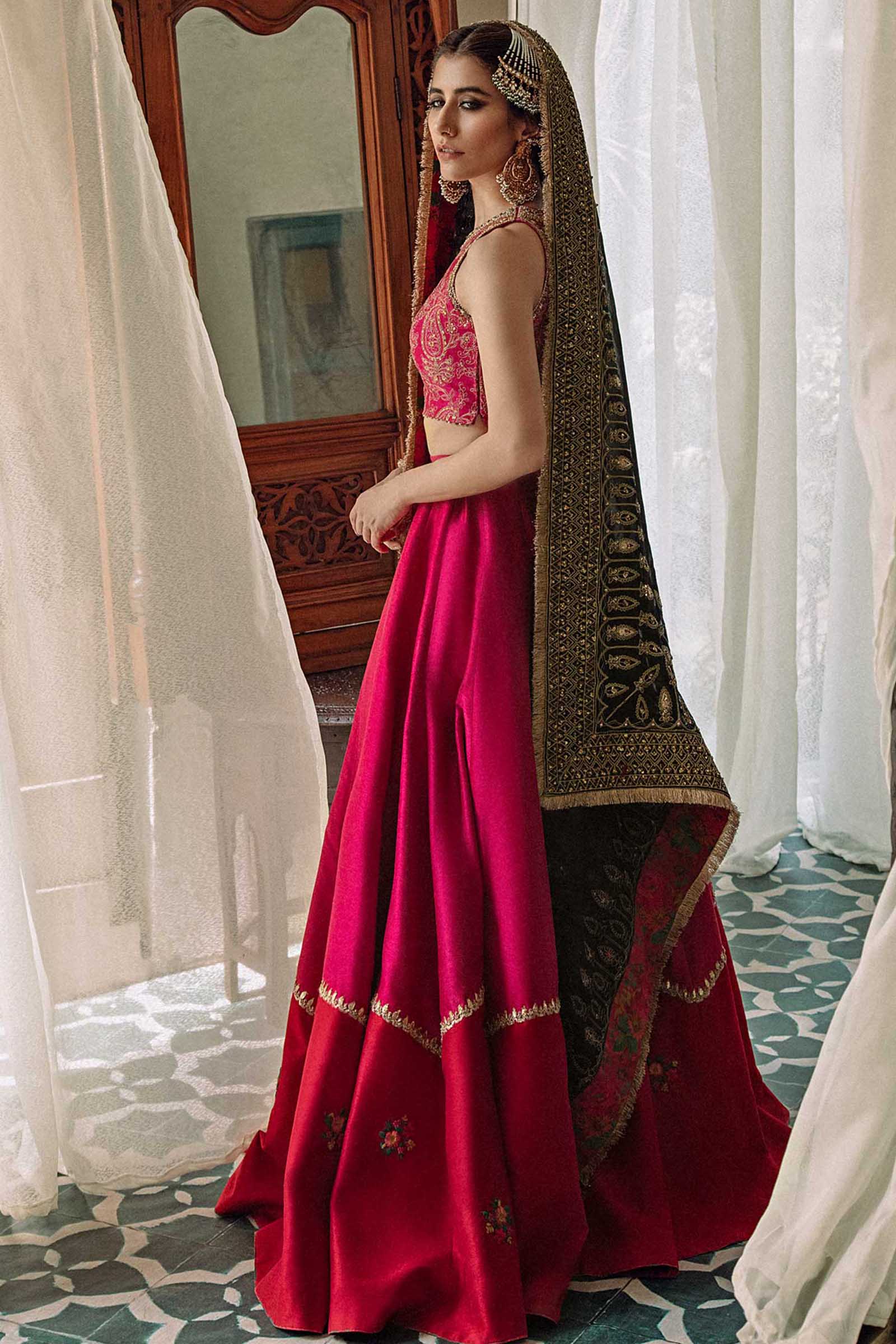 Pakistani Pink Embroidered Raw Silk Lehenga Set (3-Piece) - Image 1