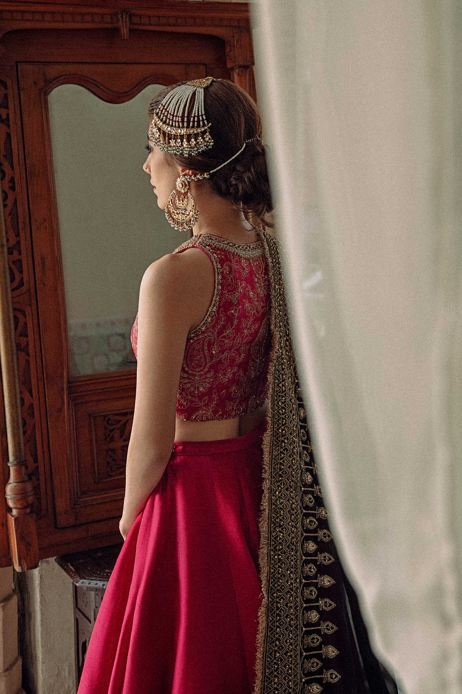 Pakistani Pink Embroidered Raw Silk Lehenga Set (3-Piece) - Image 2