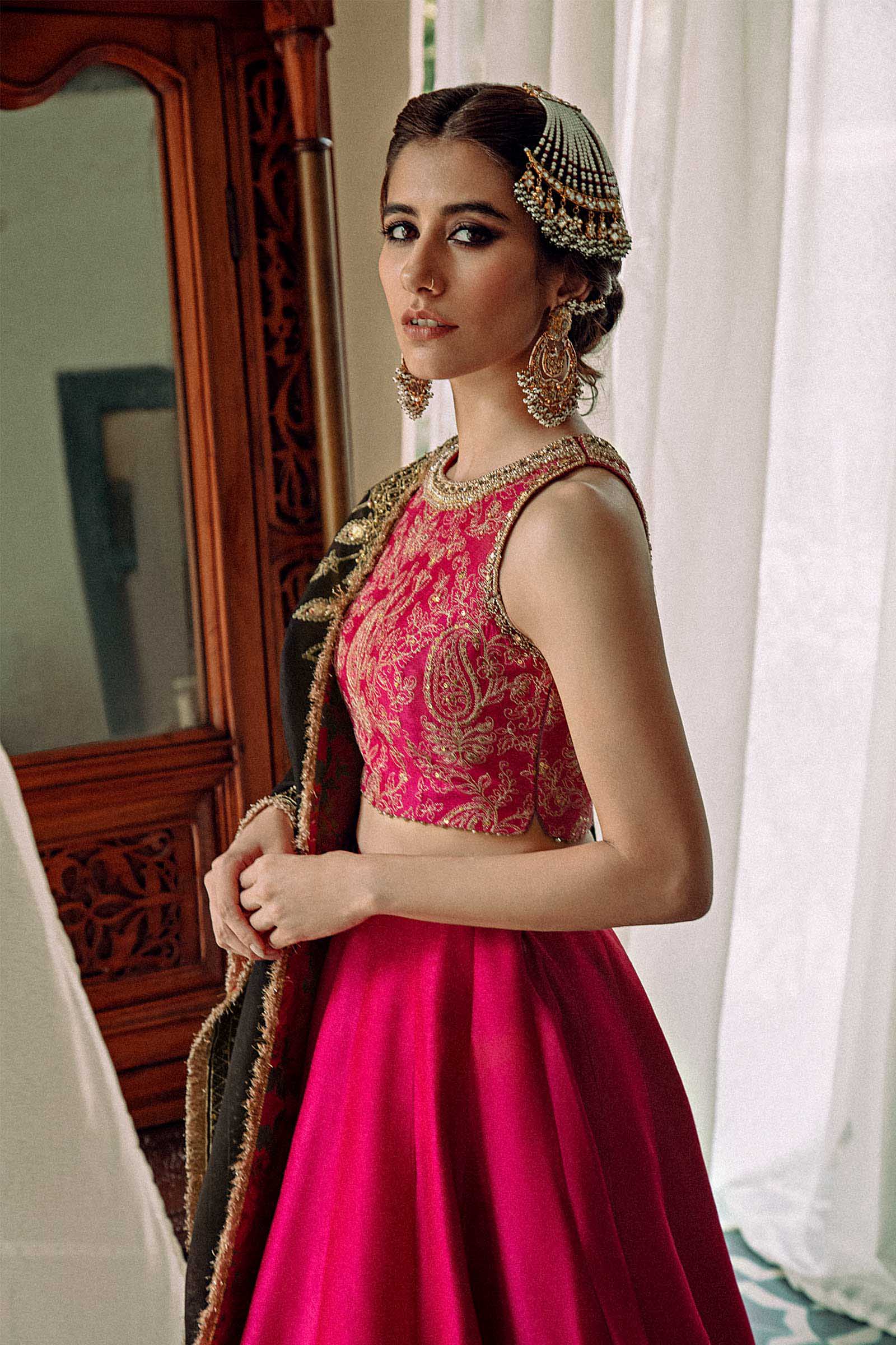 Pakistani Pink Embroidered Raw Silk Lehenga Set (3-Piece) - Image 3