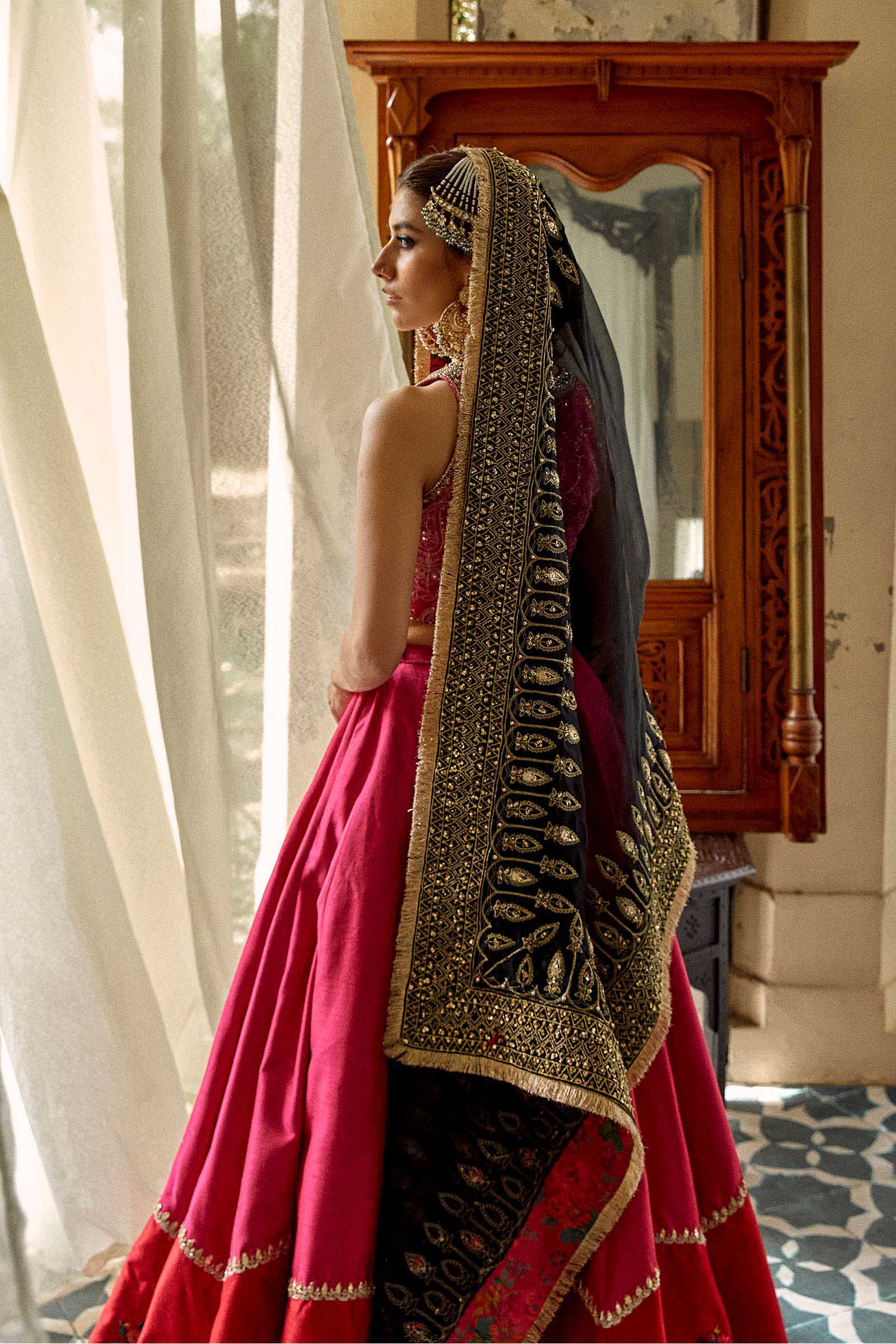 Pakistani Pink Embroidered Raw Silk Lehenga Set (3-Piece) - Image 4