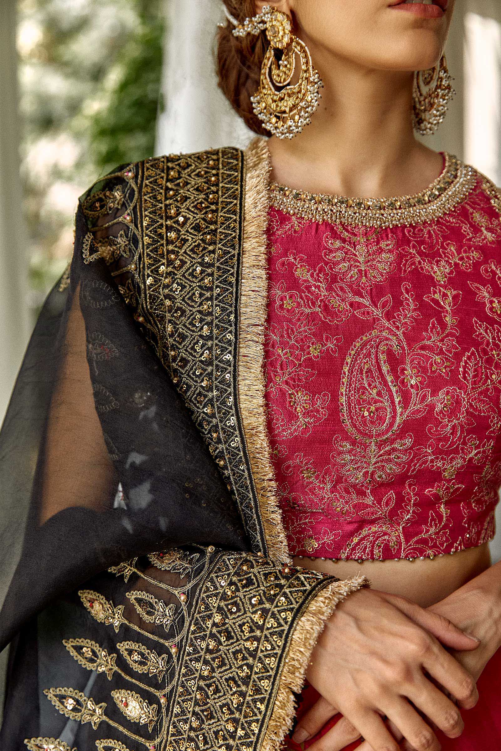 Pakistani Pink Embroidered Raw Silk Lehenga Set (3-Piece) - Image 5