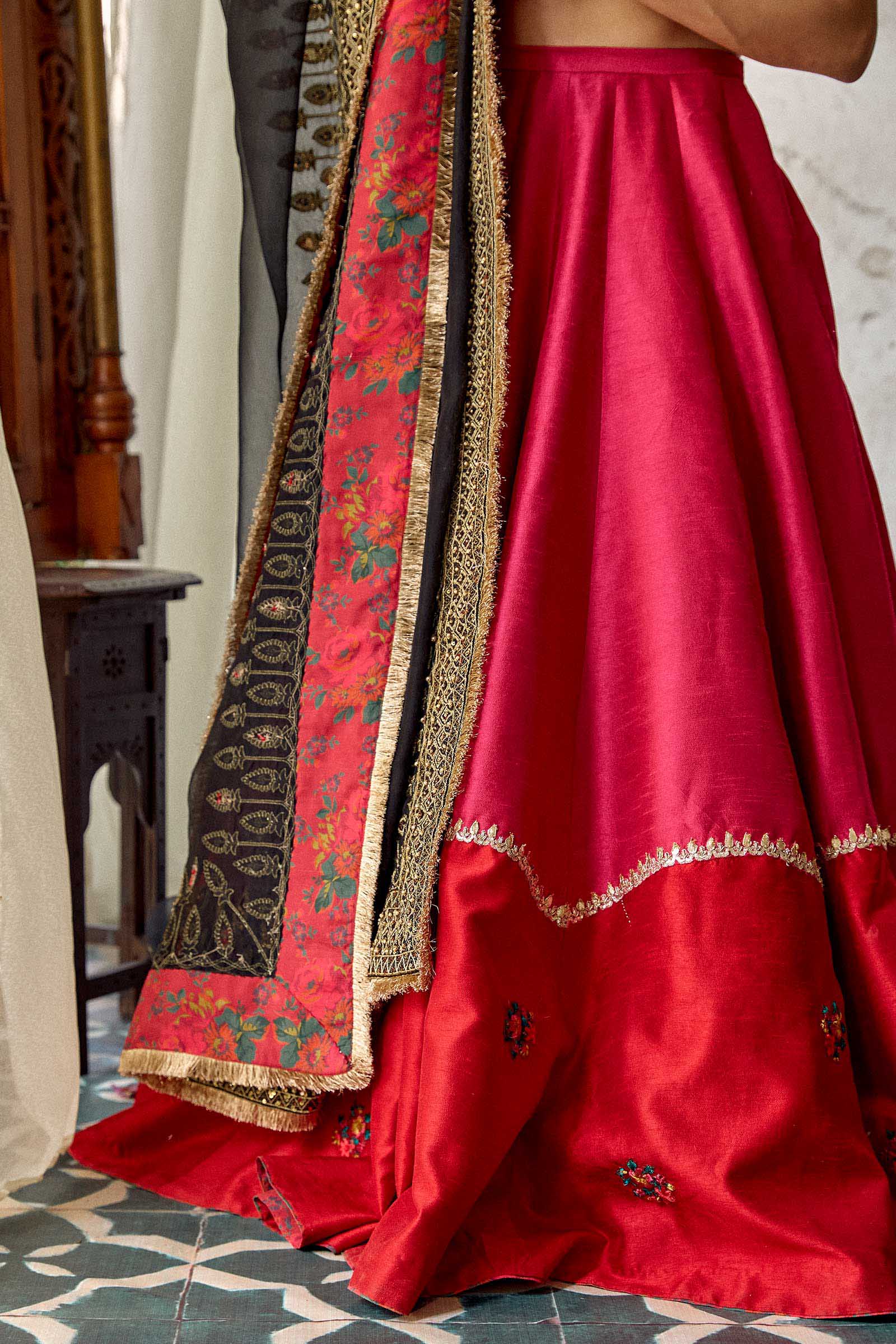 Pakistani Pink Embroidered Raw Silk Lehenga Set (3-Piece) - Image 6