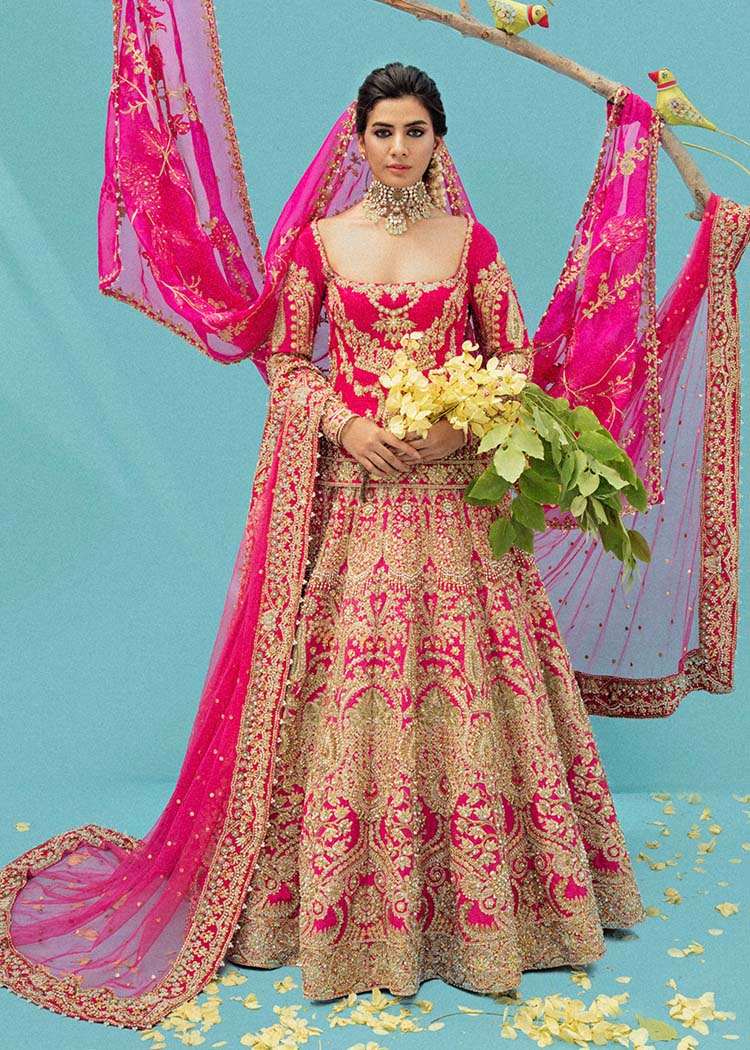 Pakistani Pink Embroidered Pure Raw Silk Lehnga Choli (3-Piece) - Image 1