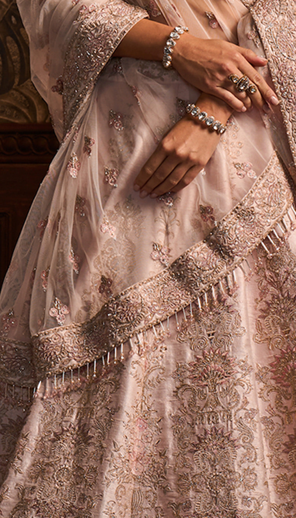 Powder Pink Resham Embroidered Raw Silk Lehenga (3-Piece) - Image 4