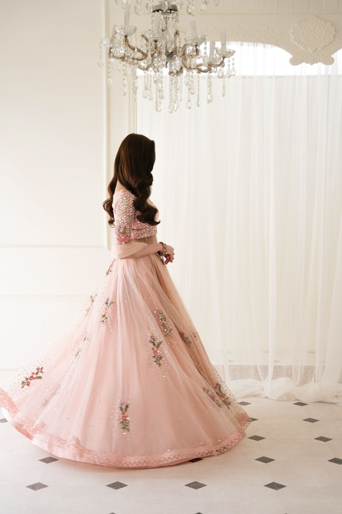 Pakistani Soft Pink Embellished Net Gown with PK Raw Silk Lehenga (3-Piece) - Image 10