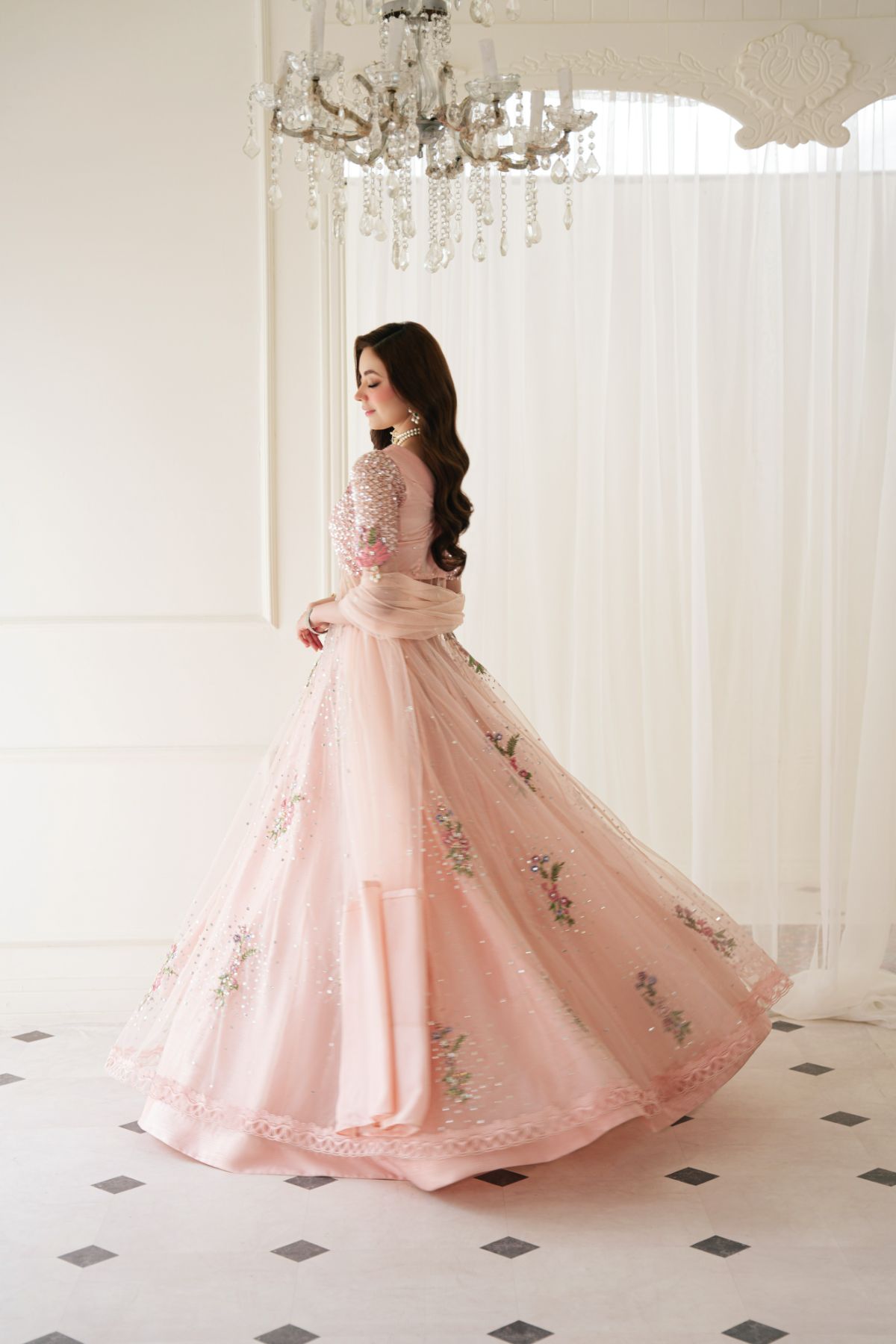 Pakistani Soft Pink Embellished Net Gown with PK Raw Silk Lehenga (3-Piece) - Image 11