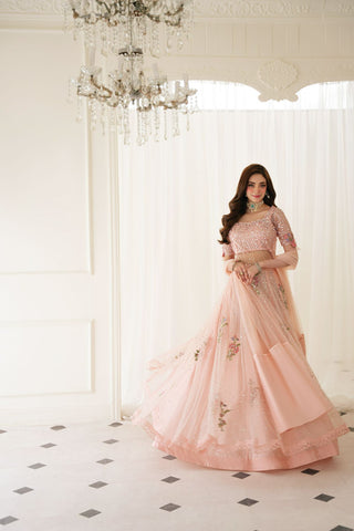 Pakistani Soft Pink Embellished Net Gown with PK Raw Silk Lehenga (3-Piece) - Image 2