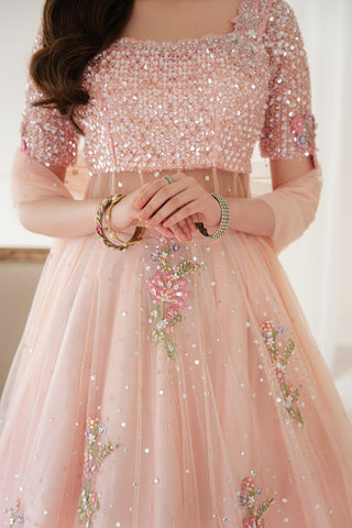 Pakistani Soft Pink Embellished Net Gown with PK Raw Silk Lehenga (3-Piece) - Image 3