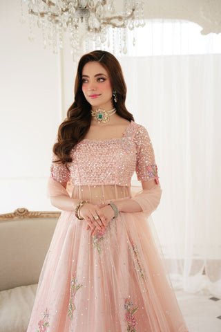 Pakistani Soft Pink Embellished Net Gown with PK Raw Silk Lehenga (3-Piece) - Image 4