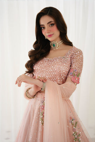 Pakistani Soft Pink Embellished Net Gown with PK Raw Silk Lehenga (3-Piece) - Image 6
