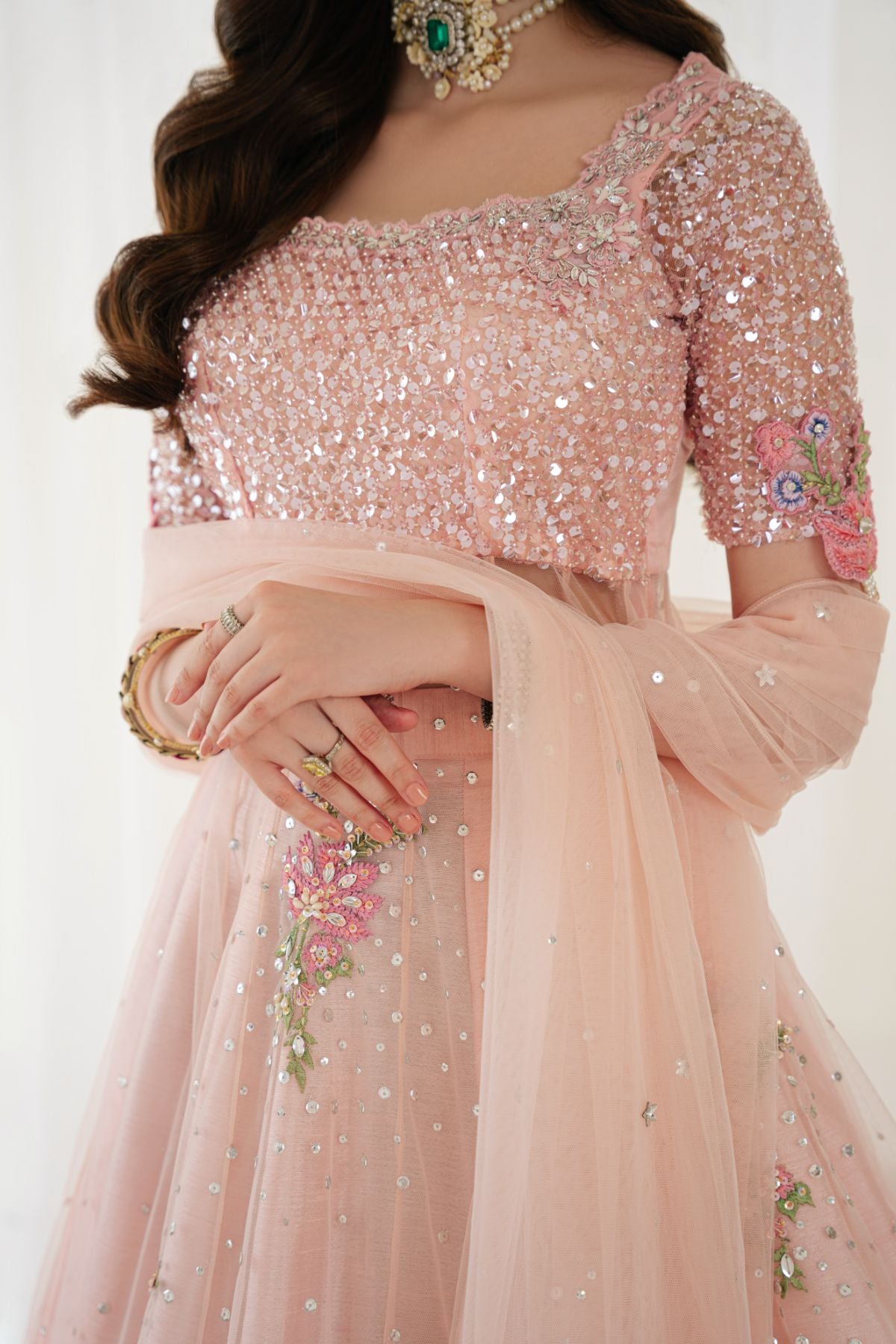 Pakistani Soft Pink Embellished Net Gown with PK Raw Silk Lehenga (3-Piece) - Image 7