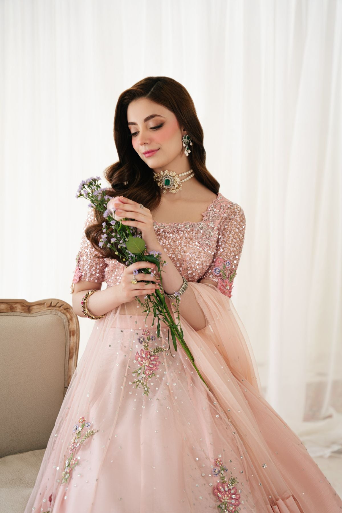 Pakistani Soft Pink Embellished Net Gown with PK Raw Silk Lehenga (3-Piece) - Image 9