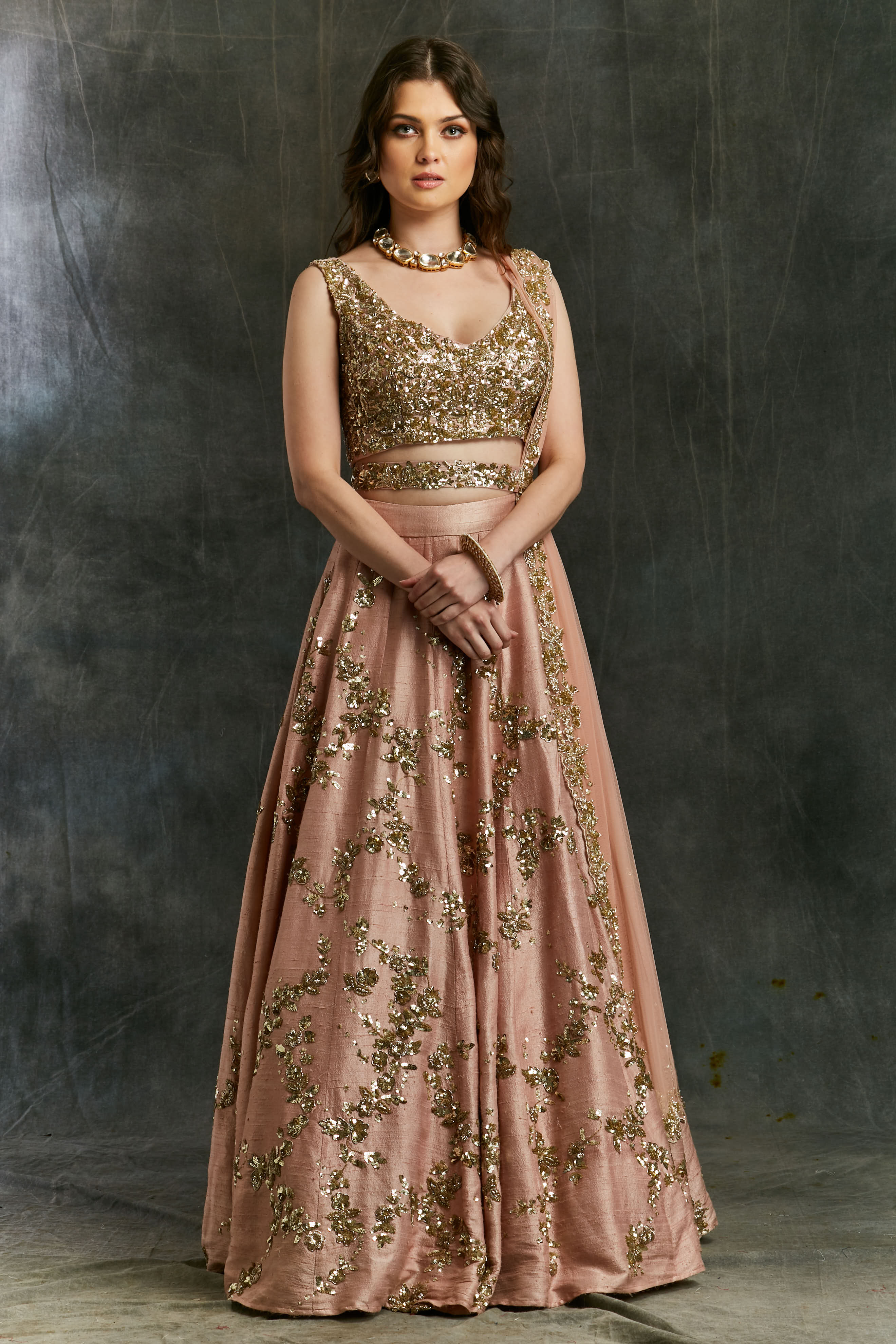Pink Sequin Jaal Raw Silk Lehenga Set (3-Piece) - Image 1