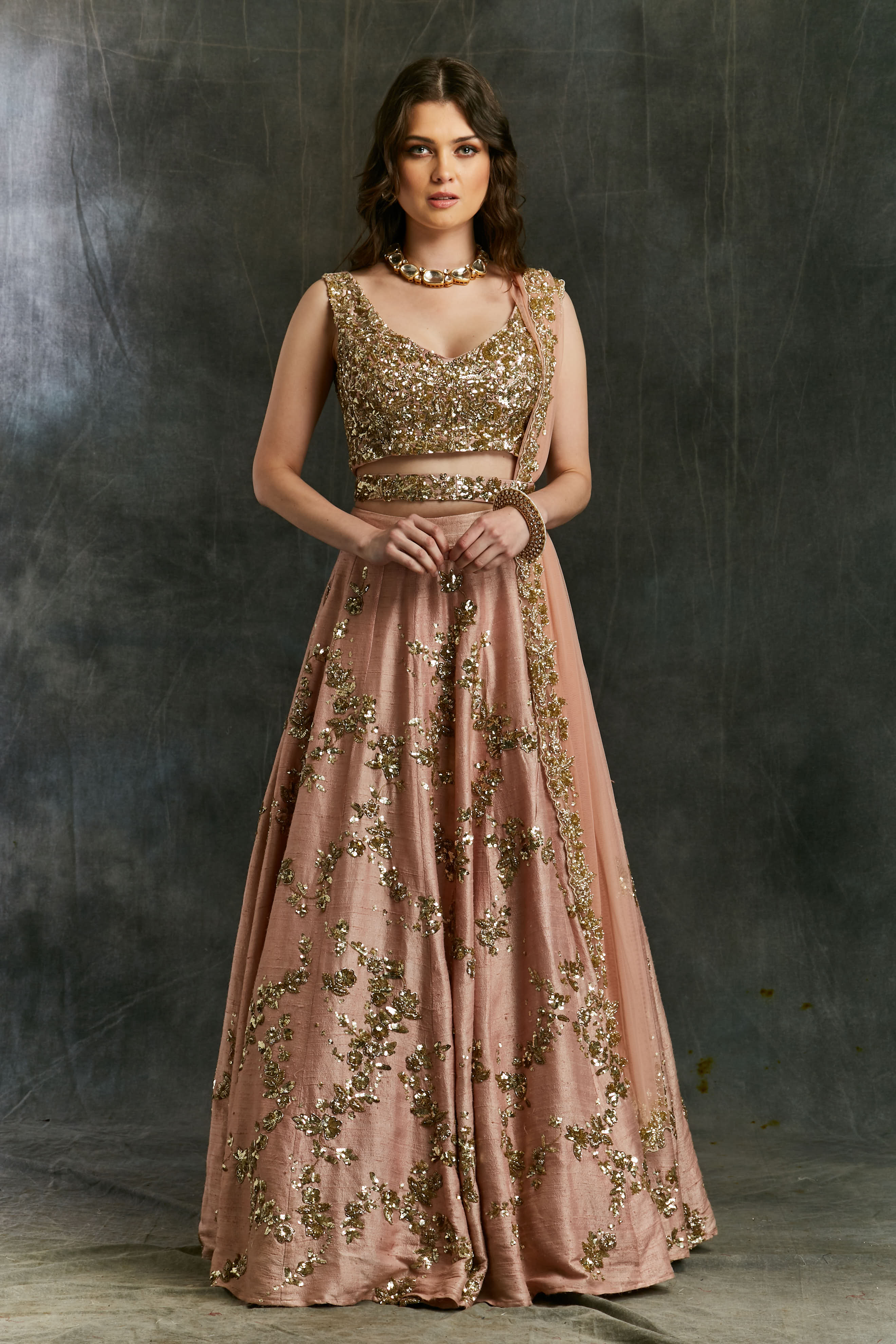 Pink Sequin Jaal Raw Silk Lehenga Set (3-Piece) - Image 6