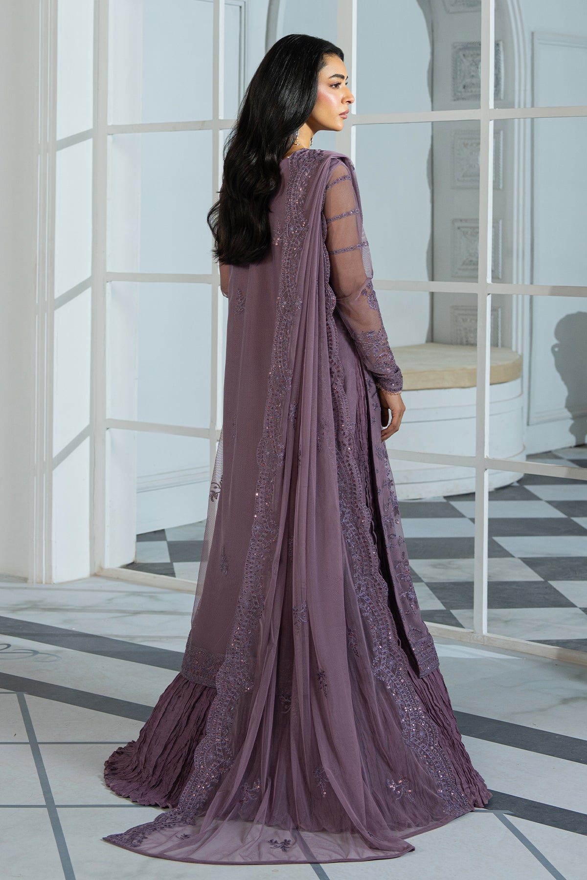 Pakistani Mauve Sequins Embroidered Net Lehenga Set (3-Piece) - Image 2