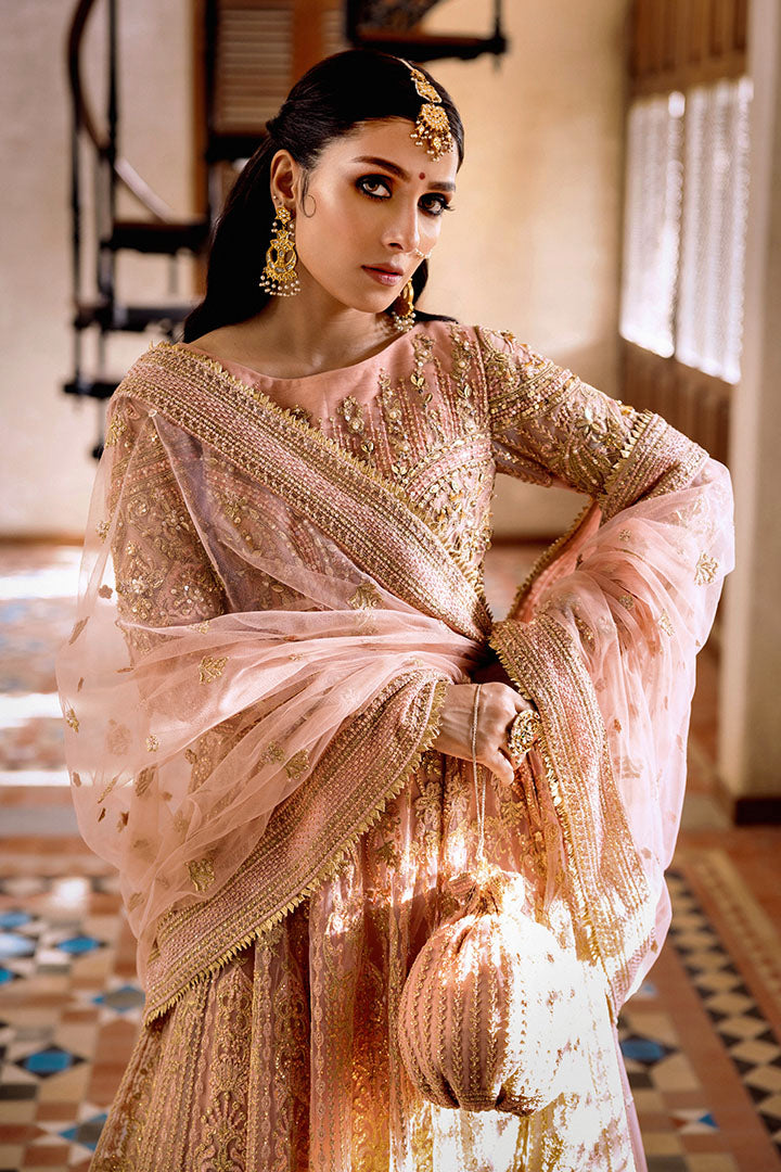 Pakistani Pastel Pink Embellished Net & Raw Silk Bridal Lehenga (3-Piece) - Image 3